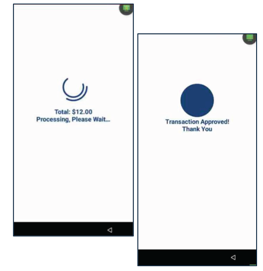 La transacción será completada y el terminal imprimirá automáticamente el recibo de comercio. Seleccione el método de recibo para el cliente: Print Receipt, Text Receipt or No Receipt.