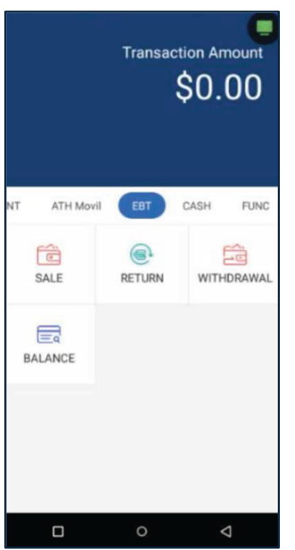 Presione Evertec que se encuentra en el menú principal. Luego, en la sección de EBT, presione Sale.