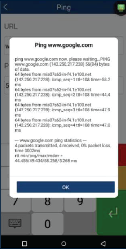El terminal mostrará el resultado de la prueba (4 paquetes transmitidos, 4 recibidos). Si el resultado es network is not available o unknow domain, verifique la configuración de la red.