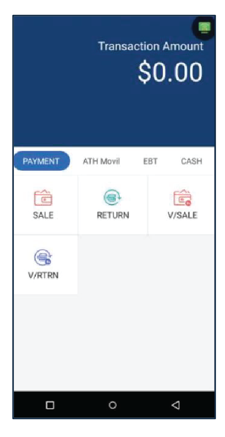 Presione Evertec que se encuentra en el menú principal. Luego, en la sección de Payment, presione Sale.