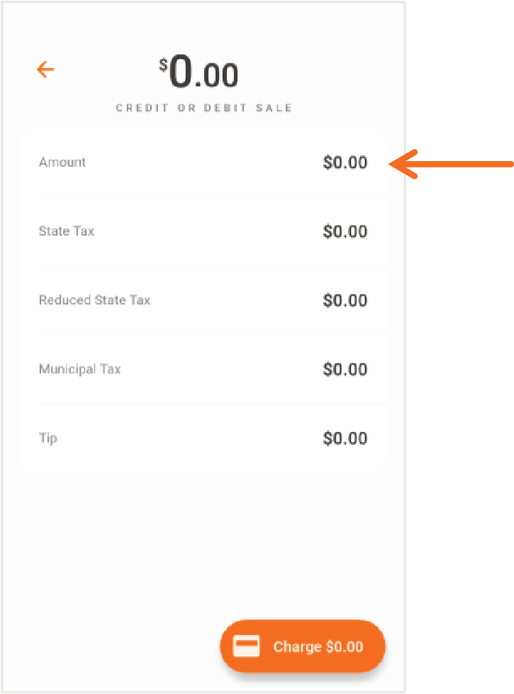 Presione Payments para volver a la sección de Sale. Las secciones de Card y Cash mostrarán Amount, State Tax, Reduced State Tax, Municipal Tax.