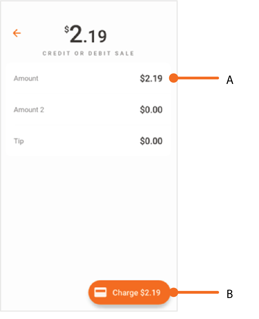 Entre la cantidad en el campo que aplique. Entre Tip o Cashback, si aplica. Luego, presione Charge para continuar con el proceso del pago.