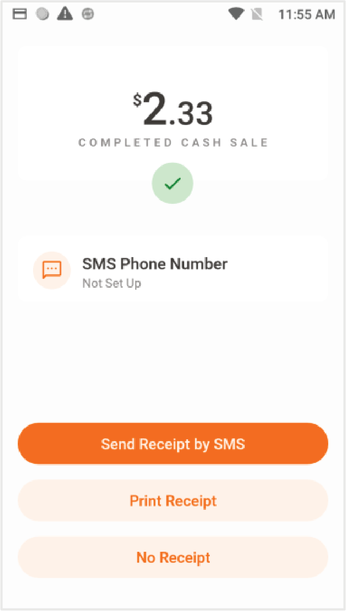 Una vez la transacción es completada, el terminal mostrará el resultado (Completed Cash Sale) El cliente podrá seleccionar el método para recibir el recibo de pago.