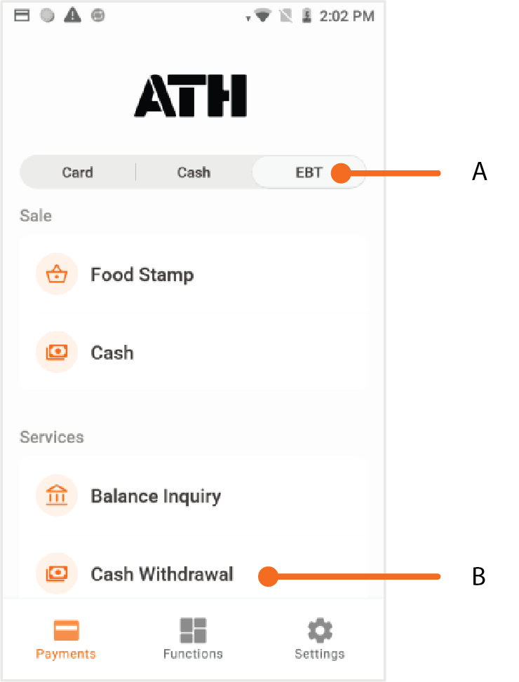 Seleccione EBT. Luego, presione Cash Withdrawal.