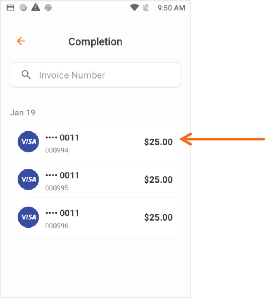 Entre el Invoice Number o seleccione una transacción de la lista.