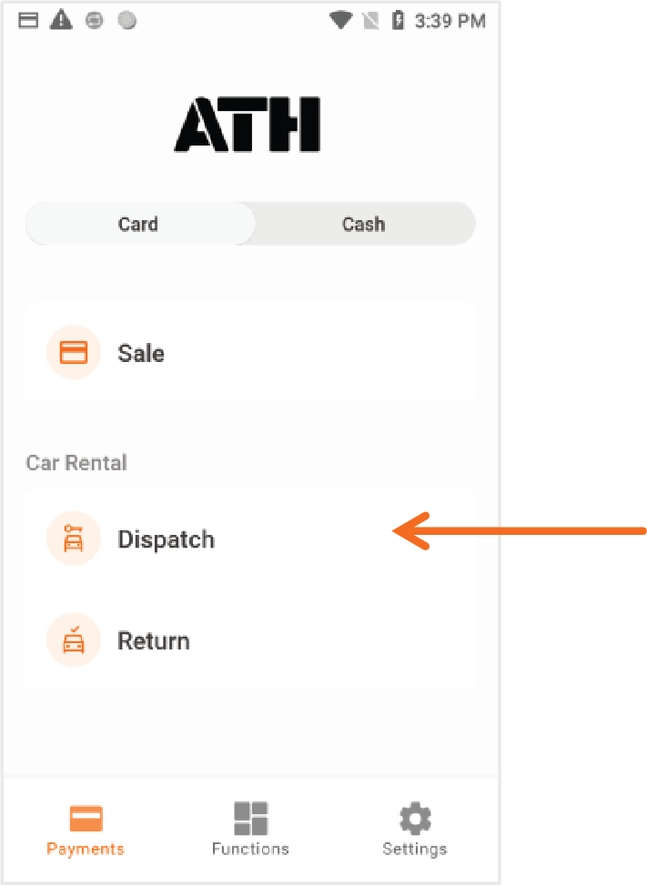 Presione ATH POS localizado en el menú principal. Presione Dispatch para una transacción de pre-autorización.