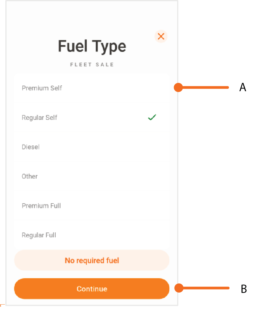 En la pantalla de Fuel Type, seleccione una opción del menú. Luego, presione Continue.