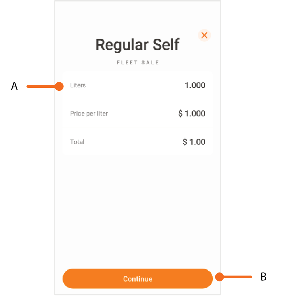 Entre la cantidad de litros, precio por litro y el total. Luego, presione Continue.