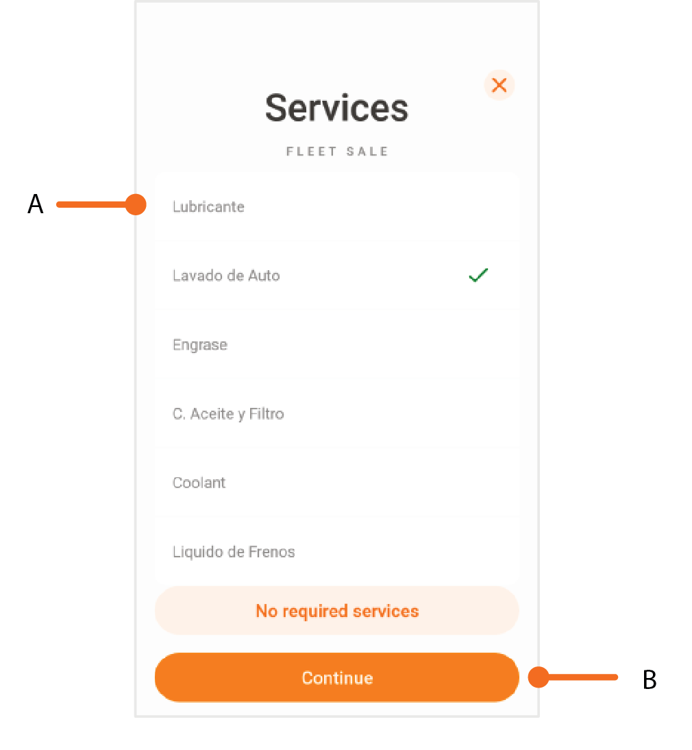 Seleccione uno de los servicios del menú, luego presione Continue. Entre el número de unidades y el precio por unidad. Luego, presione Continue.