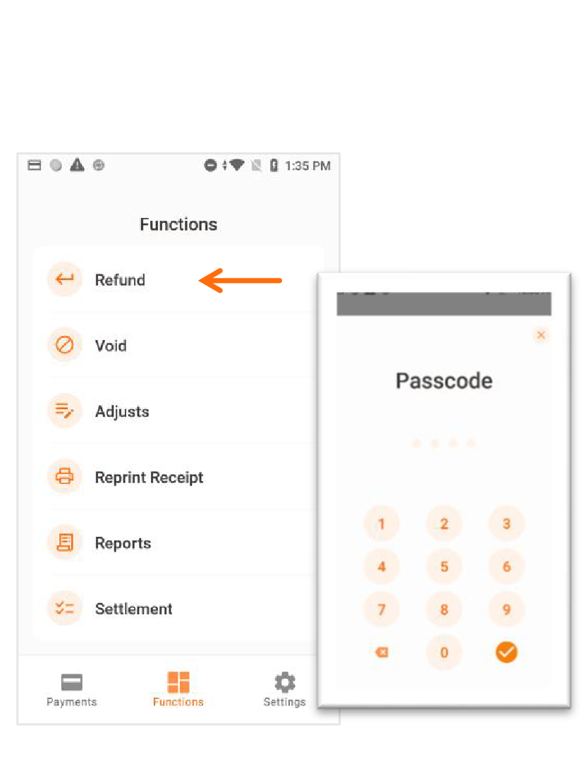 Presione ATH POS localizado en el menú principal. Presione Functions. Luego, presione Refund. Entre el Passcode.