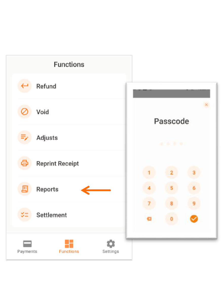 Presione ATH POS localizado en el menú principal. Seleccione Functions. Luego, Reports. Entre el Passcode.