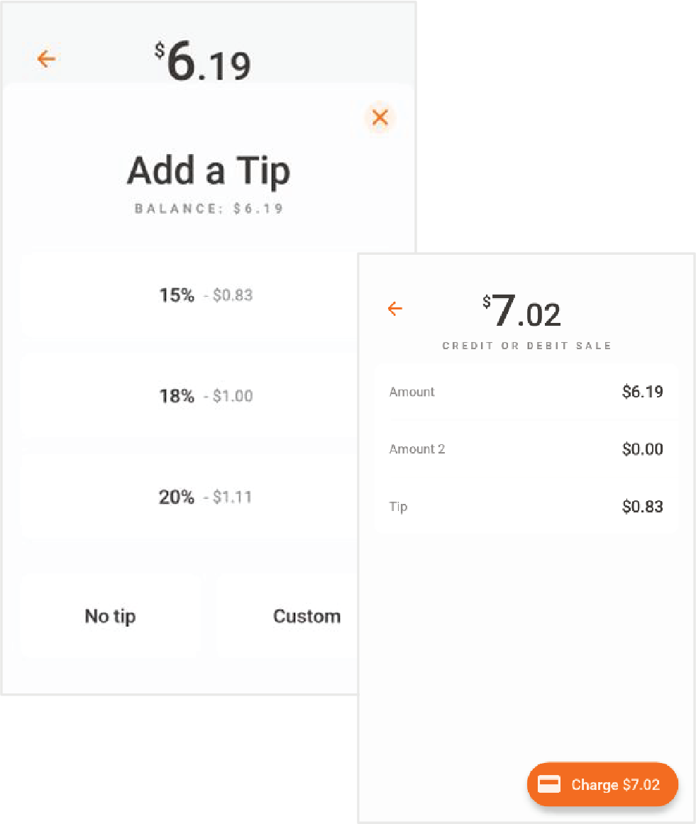 Puede escoger entre, porcentaje sugerido, otro monto de propina o no propina. Luego, en la pantalla de venta, presione Charge.