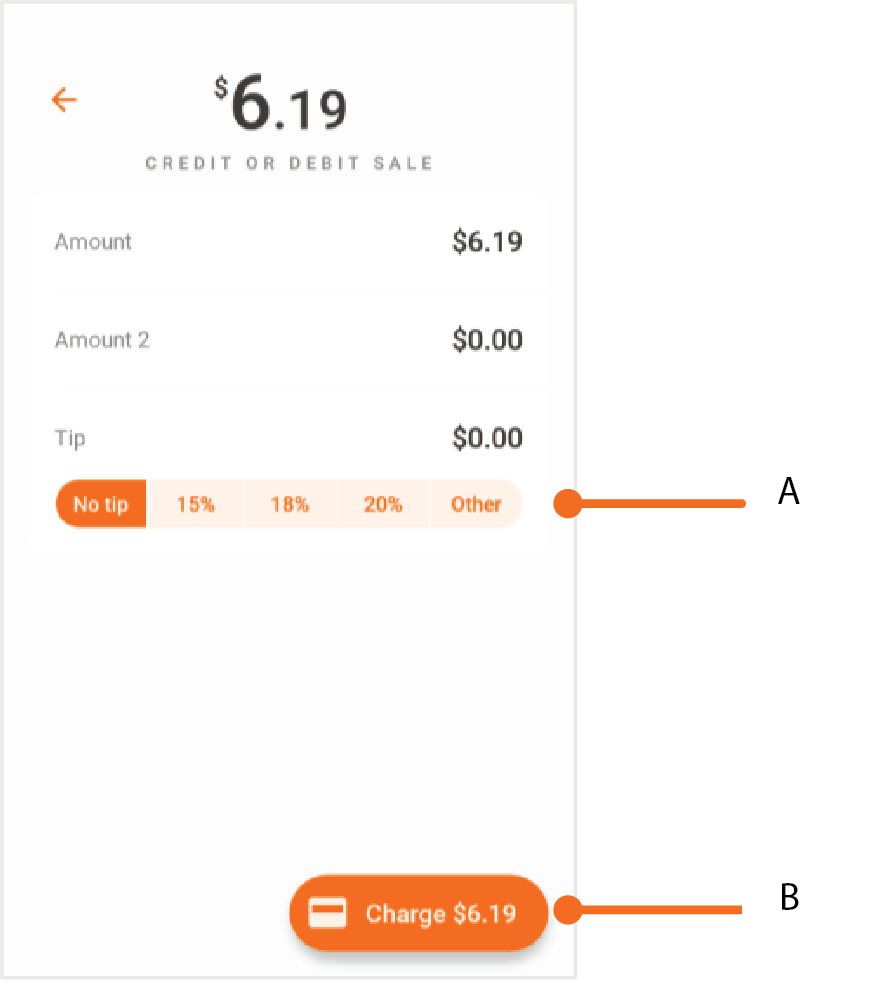 Si tiene la opción de Cashier Facing Tip* habilitado, podrá seleccionar el porcentaje sugerido, otro monto o no propina. Luego, presione Charge.