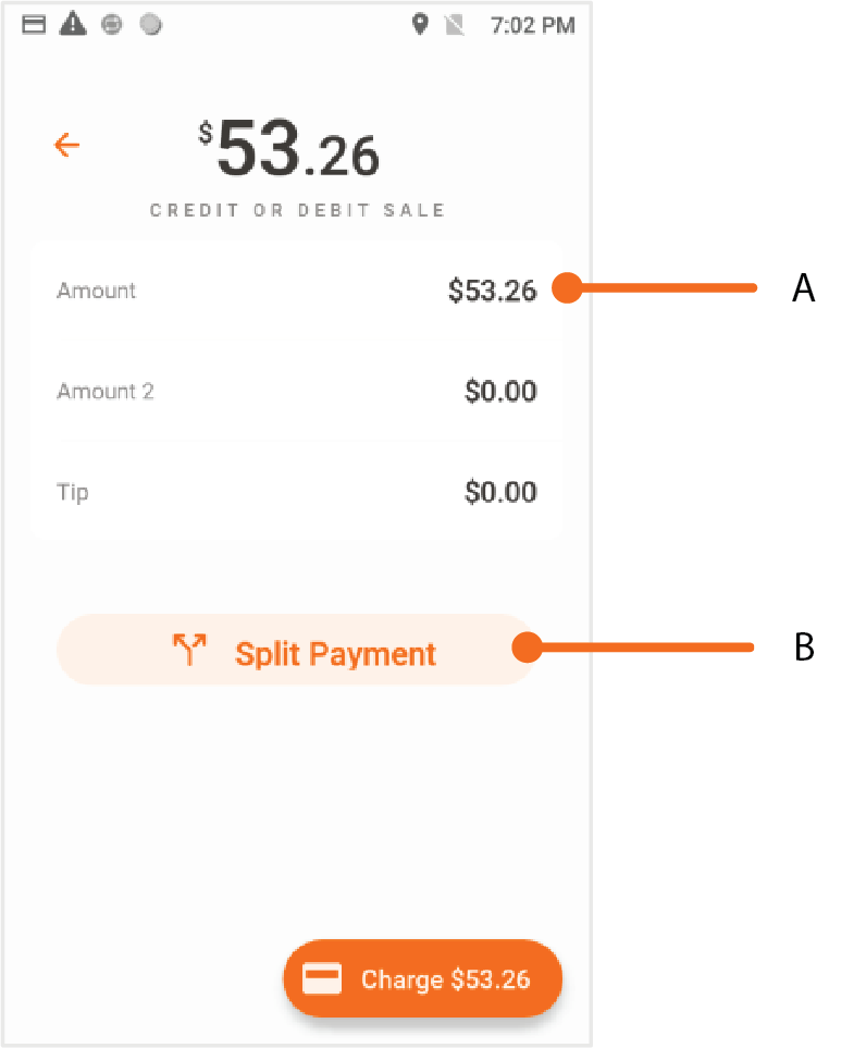 Entre el total de la cantidad y los impuestos (si aplican). Si el terminal tiene la función de Tip habilitado, podrá entrar la cantidad. Luego, presione Split Payment.