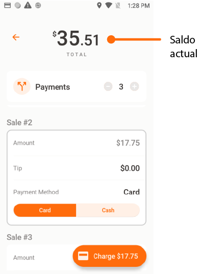 Luego, el terminal mostrará el balance pendiente. Presione Charge para completar el segundo pago.