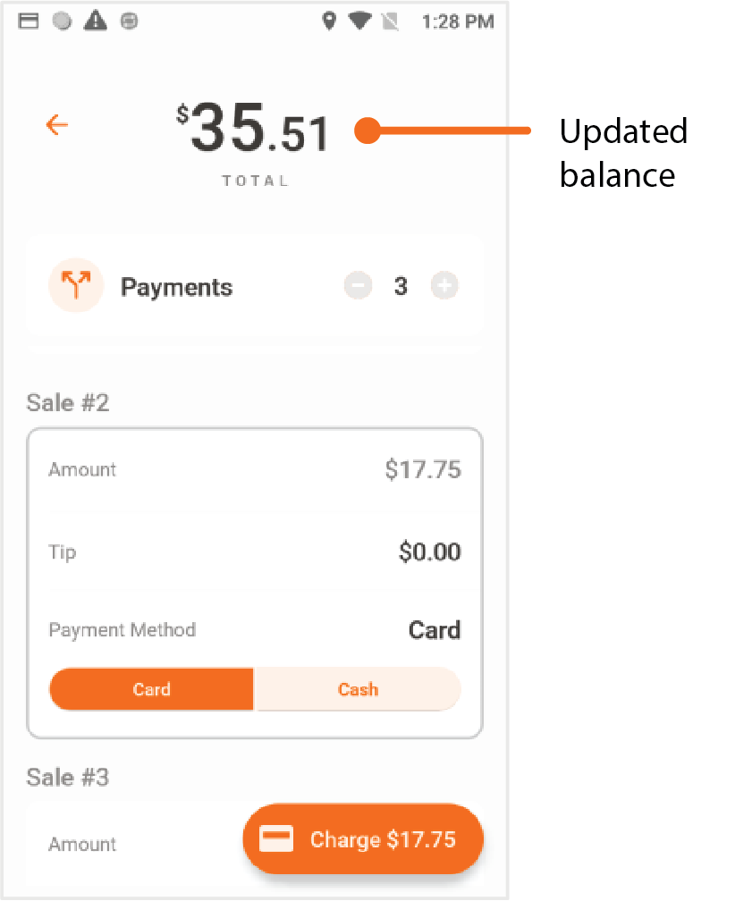 Then, the terminal will display the balance due. Press Charge to complete the second payment.