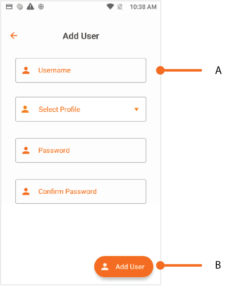 Presione Add User. Entre username, escoja profile, entre y confirme password. Luego, presione Add User.