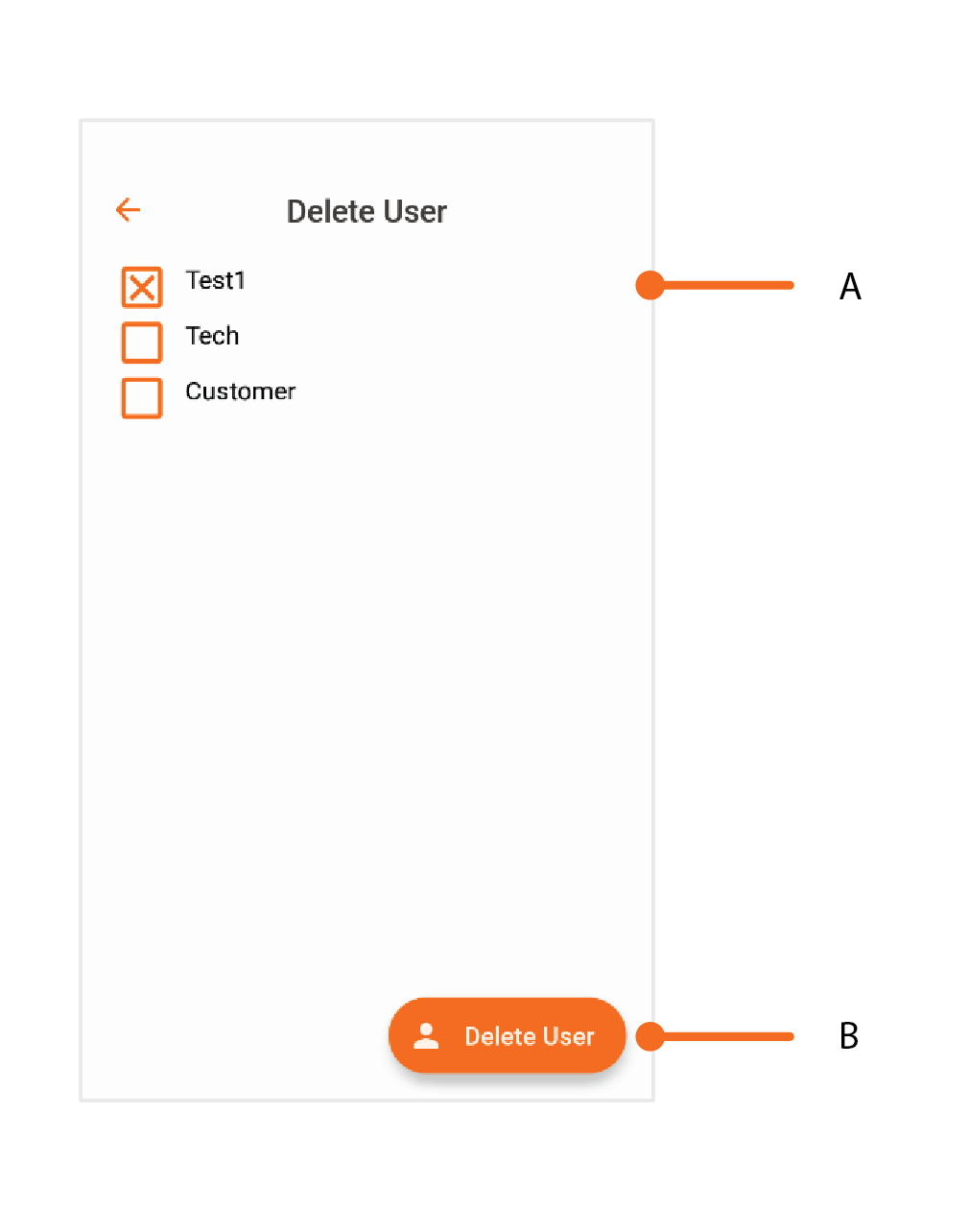 Para eliminar un usuario, presione Delete user. Escoja el usario y presione Delete user. Luego confirme el cambio.