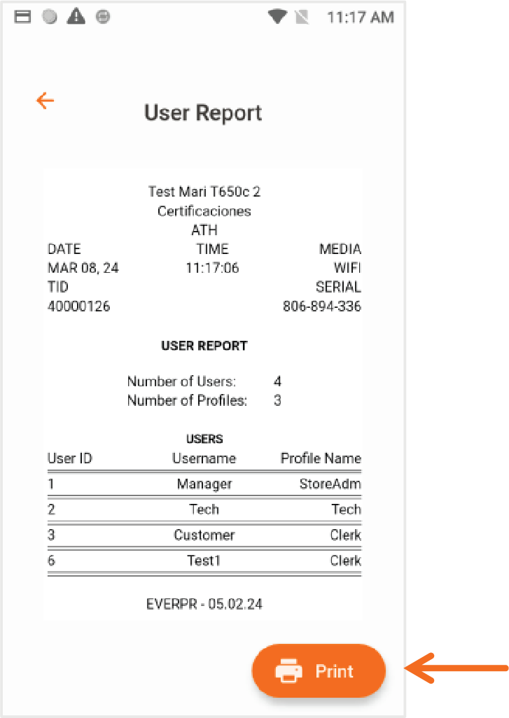 Para ver o imprimir el reporte de usuario, presione, User Report.