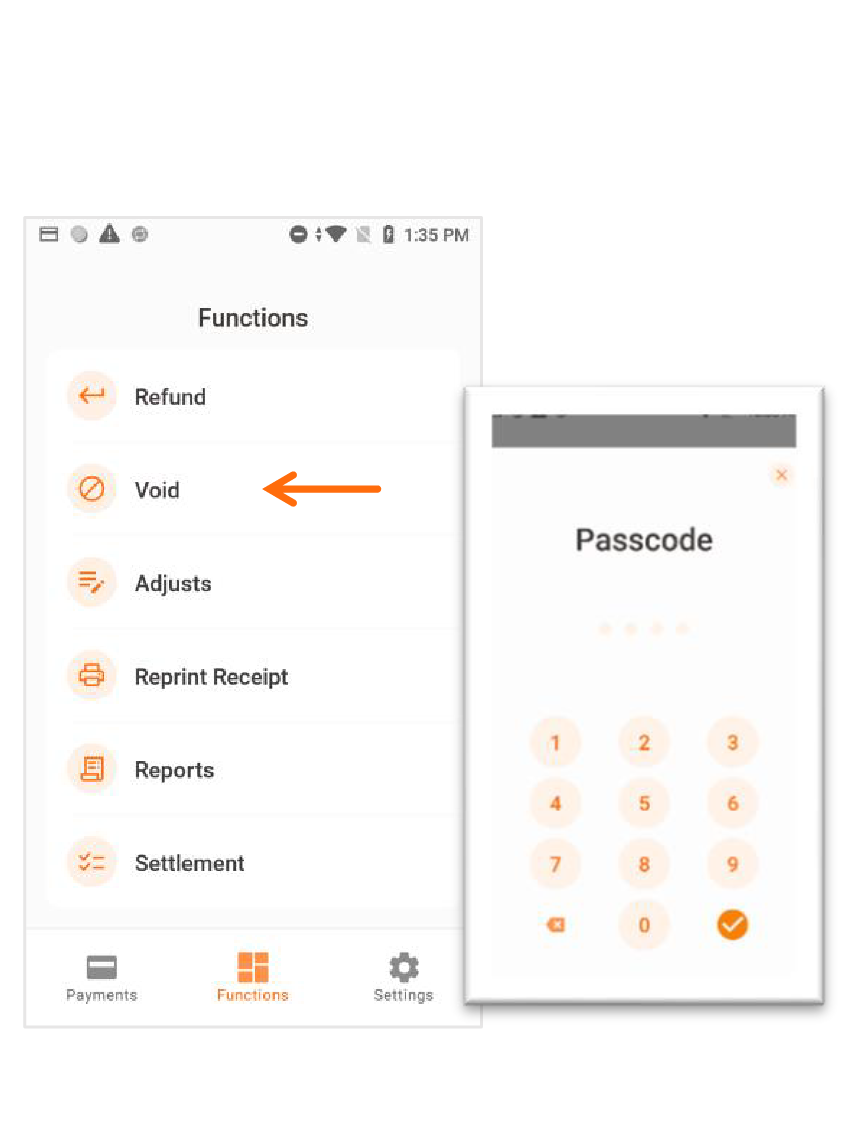 Presione ATH POS localizado en el menú principal. Presione Functions. Luego, presione Void. Entre el Passcode.