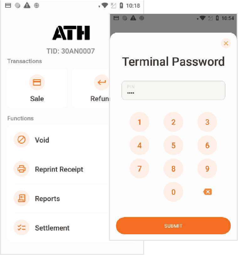 Presione PayAtTable localizado en el menú principal. Luego, Reports. Entre el Terminal Password.
