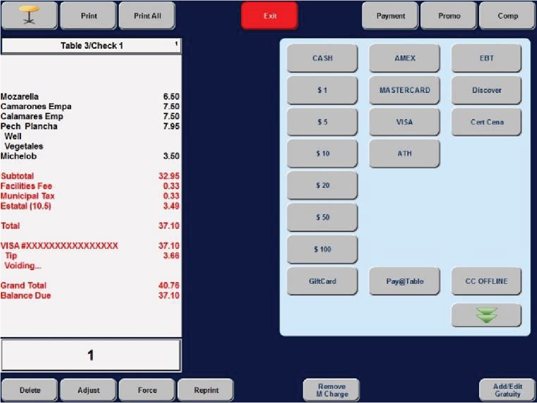 Presione Yes para eliminar el pago. En la pantalla se presenta la transacción anulada (Voiding). Luego, presione Exit para volver a la pantalla principal. 2